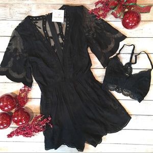 NWT Lace Crochet Romper Plunging Neck Shorts Black